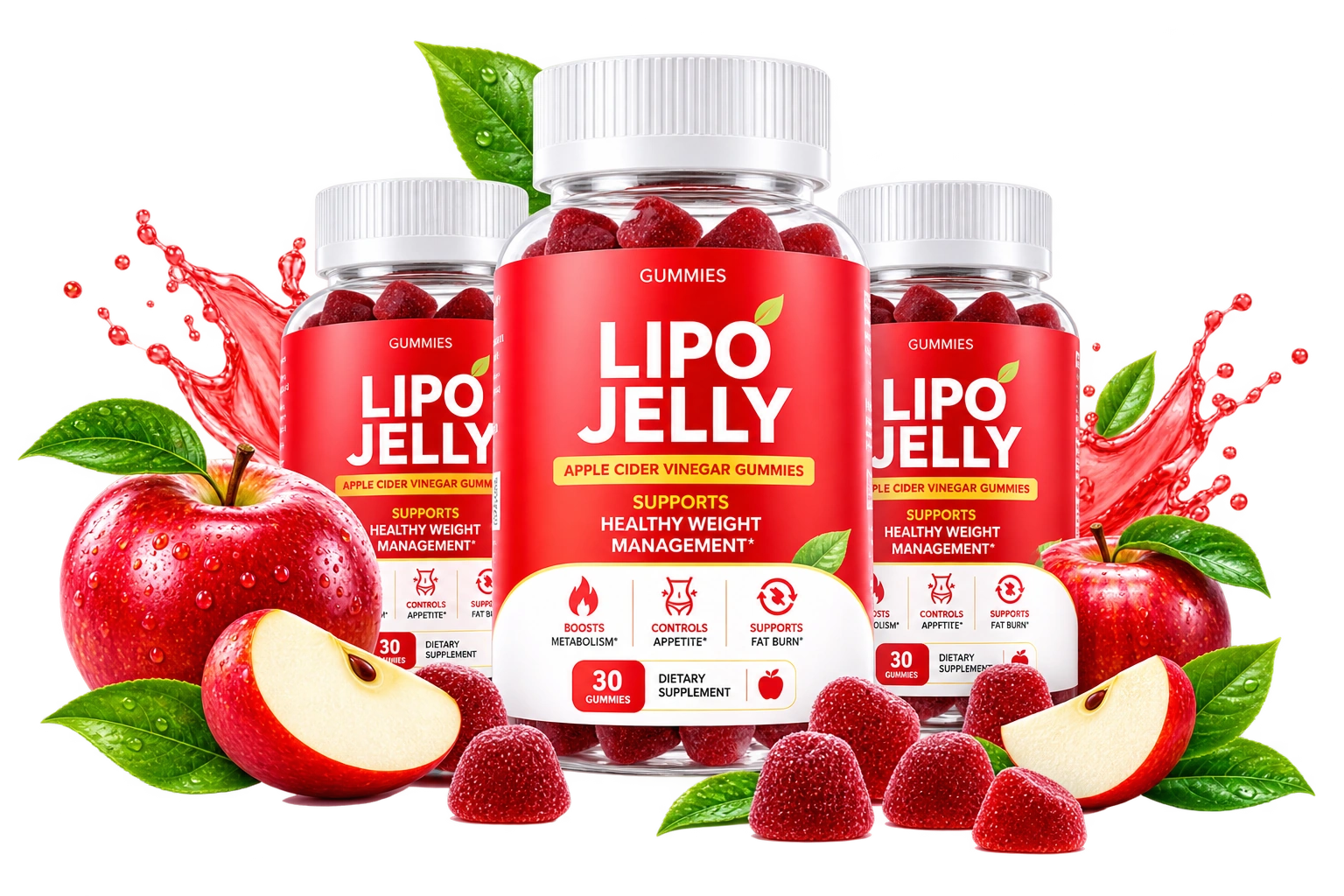 LipoJelly Apple Cider Vinegar gummy bottles with fresh apples